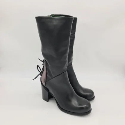 Felmini stivale donna tacco 80 pelle nera laccetti nel tallone
