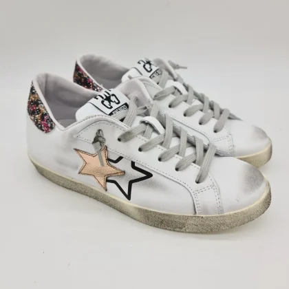 2Star sneakers donna bianca stella bronzo e talloncino leopardato con glitter